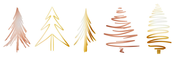 illustration: golden hand-drawn christmas trees set isolated on white or transparent png