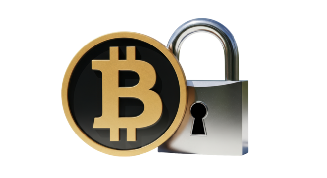 Isolated Bitcoin crypto coin security, cybersecurity concept, cryptocurrency protection asset