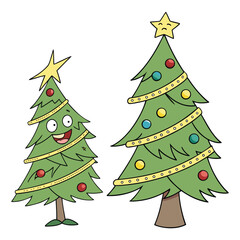 Green vector illustration of a festive Christmas tree with ornaments, a star, and gifts for the holiday season