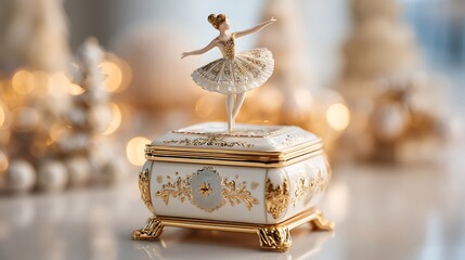 Elegant ballerina music box with gold accents and blurred background creating a soft focus effect