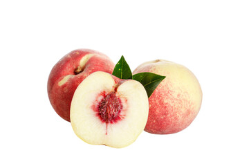 Fresh Shandong Peaches Whole and Halved on White Background