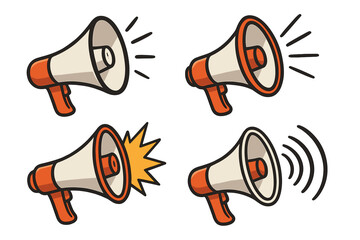 Megaphone vector icon set for communication, announcement and protest. Loudspeaker illustration for marketing, advertising and alerts. Loud sound, voice and speech symbol.