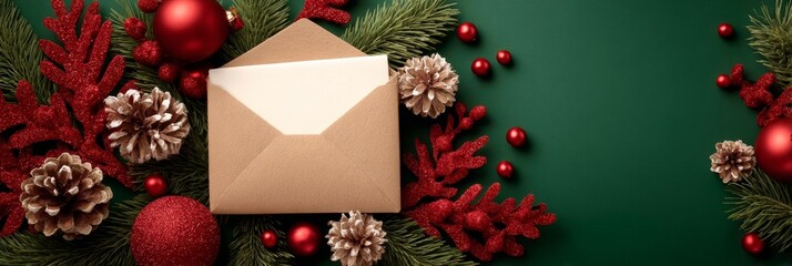 Festive Christmas Holiday Mailing Template with Cheerful Greetings and Green Ornaments Design