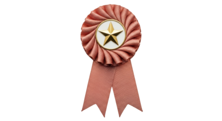 Isolated decorative rosette award, military merit badge with gold star and peach ribbons