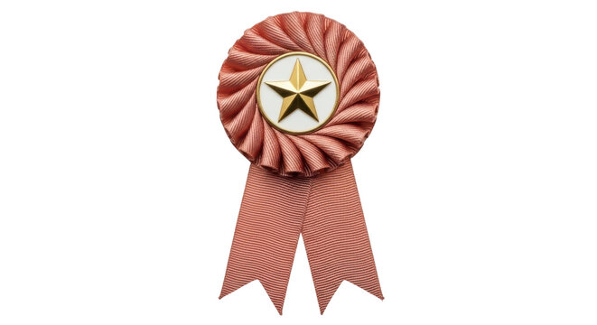 Isolated decorative rosette award, military merit badge with gold star and peach ribbons