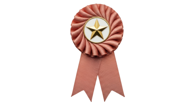 Isolated decorative rosette award, military merit badge with gold star and peach ribbons - Powered by Adobe