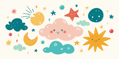 Cute celestial elements vector illustration with smiling clouds moon star sun planet and decorative shapes whimsical sky graphics for children
