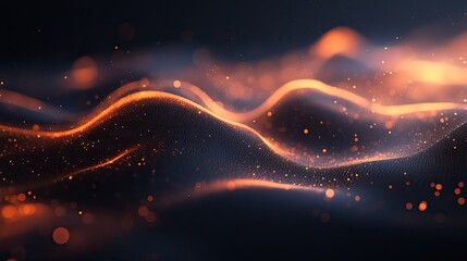 Abstract digital particles flowing, dark background, glowing orange