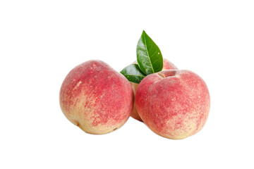 Fresh Red Peaches with Green Leaves Isolated on White Background