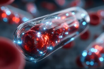 A glowing red capsule containing particles in a dark, futuristic setting.
