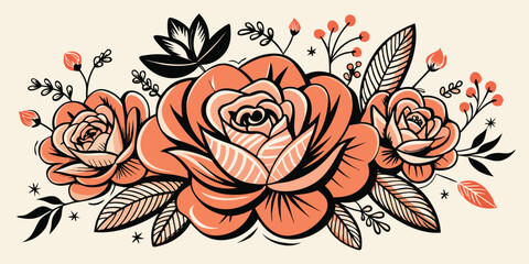Elegant floral arrangement of roses and leaves in peach tones with black accents graphic vector illustration perfect for weddings and invitations