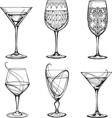 Hand Drawn Sketches Of Different Types Of Wine Glasses
