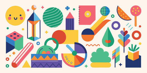 Geometric abstract composition playful flat design bright colors modern artwork featuring sun watermelon globe shapes and various other colorful elements