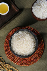 Fresh White Rice Grains in Traditional Woven Baskets - Premium Long Grain Indica Varieties for Asian Cuisine