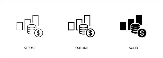 Bar chart and coin stack icon, for investment, profit, financial growth. Vector stroke, outline and solid icon. Eps10 file.