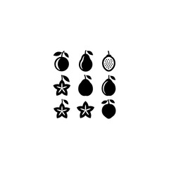 
Fruits, berries icon set. Vector glyph pictograms of apple, banana, orange lemon, grape, pineapple, coconut, cherry, strawberry black silhouette illustration.