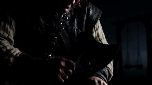 Dark close up of a man in period attire gripping a sharp axe menacing in low light preparing for brutal action or medieval execution in a grim and shadowy scene
