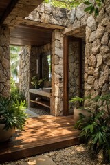 Stone-walled walkway with wooden deck and tropical landscaping.
