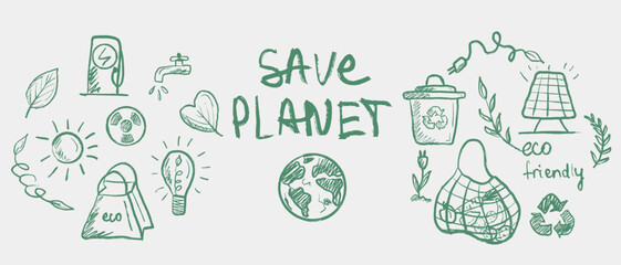 Hand drawn save planet round posters with ecology friendly icons. Vector sketch illustration in vintage crayon green style. Recycling concept, shopper, leaf, solar energy, air pollution © Nataliya Pokrovska