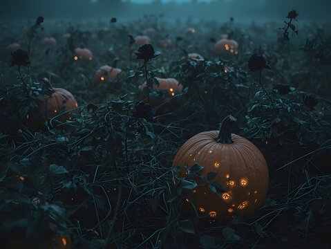 Haunted glowing pumpkin patch with black roses and mist, spooky Halloween fantasy scene