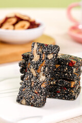 Handmade Black Sesame Walnut Energy Bars Nutritious Healthy Snack Food Stack