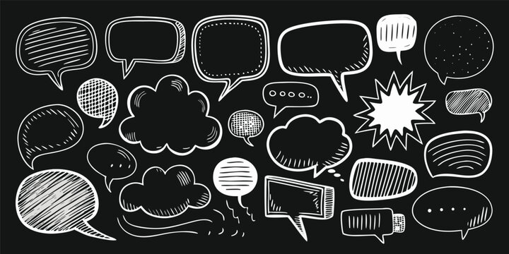 Hand drawn speech bubbles on black background representing communication and social media messaging with doodle style elements for creative projects