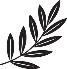 A hand drawn black silhouette of a small olive branch with leaves isolated on white background