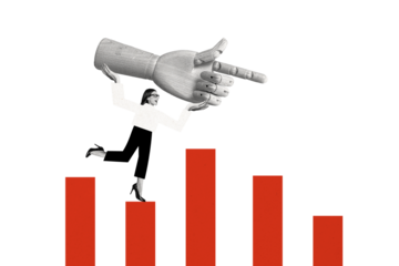 Composite trend artwork sketch image photo collage of copyspace office manager young lady walk stats graphics hold toy hand finger point