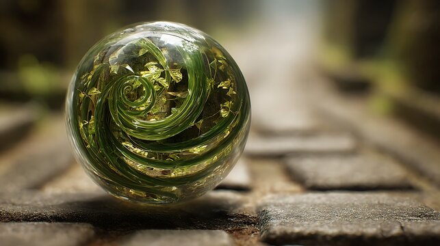 A glass orb with green vines inside resting on a stone pathway in an outdoor setting with soft lighting