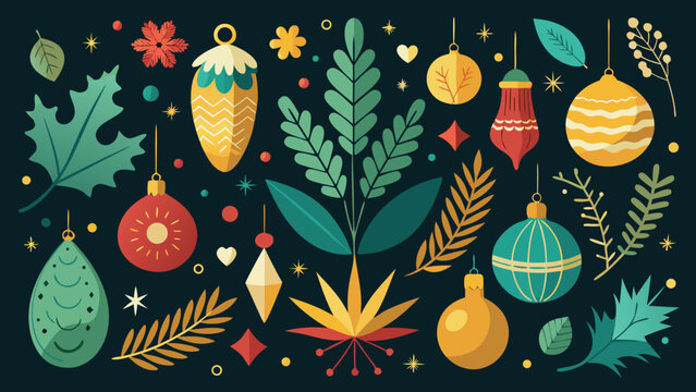 Modern christmas ornament and botanical flat vector art with stars and festive decorations on dark background for seasonal greetings and celebrations