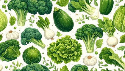 Seamless vegetarian pattern with healthy vegetables and fresh green food on white background. Repeatable texture design with different organic veggies for printing.