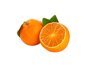 Fresh Ripe Oranges with Green Leaves Isolated on White Background - Healthy Citrus Fruit