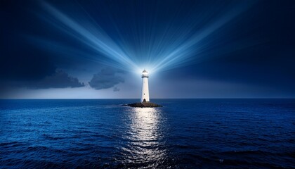 lighthouse beam at night guiding light on dark blue sea