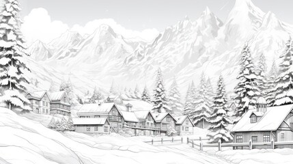 Snowy mountain village landscape