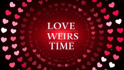 Abstract heart design, swirling concentric circles of hearts, a celebratory "Love Weirs Time" message