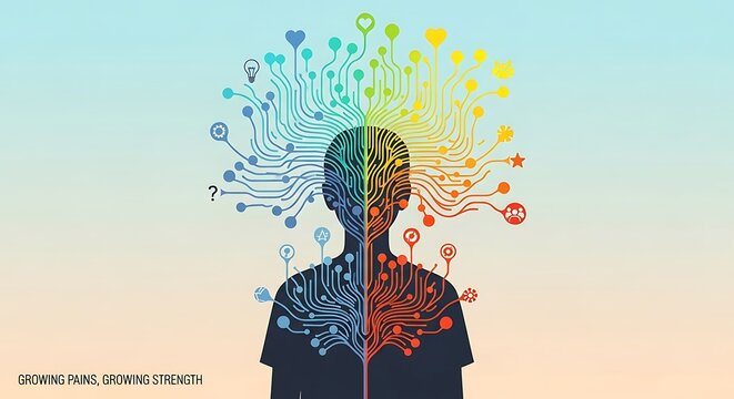A colorful illustration of a split human silhouette with branching circuits representing the complexity of thought, emotion, and mental growth.