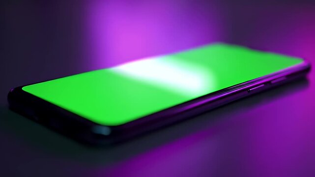 Close Up of Smartphone with Green Screen on Dark Surface with Purple Background