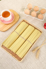 Buckwheat Noodles in Bamboo Basket with Tea and Eggs - Traditional Asian Food Ingredients