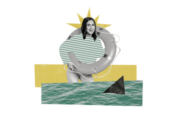 Creative collage picture young woman swimming pool seaside buoy shark vacation resort summer season rejoice weekend holiday