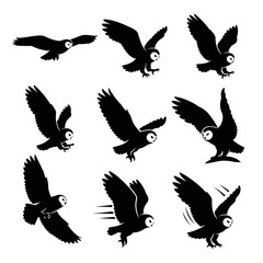 Obraz premium Vector art of owl flight sequence silhouettes, capturing various stages of takeoff, soaring, and landing in a dynamic composition