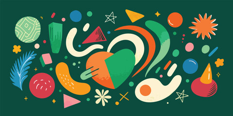 Playful composition of abstract geometric shapes and botanical elements on dark green background decorative graphic design