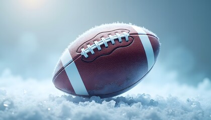 American football covered in frost and snow, resting on a snowy surface with a soft, blurred background, evoking a sense of winter sports and cold weather