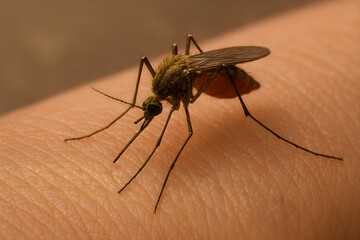Close up view of a mosquito resting on a person&rsquo;s arm, showing detailed features of the insect and the skin surface with natural textures