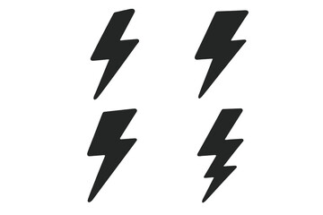 Lightning bolt vector icon set. Simple black silhouette flash thunder symbol collection. Electric power or danger sign. Flat cartoon energy illustration for sticker or logo.