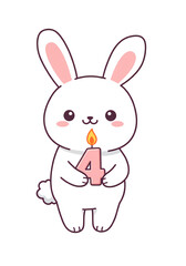 Fototapeta premium Cartoon Rabbit Holding Number Four Candle on Transparent Background