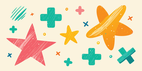Playful hand drawn stars and plus signs in fun colors creative background texture design with childhood illustration style