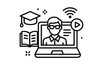 E-learning concept icon for online education. Webinar and video lesson with teacher on laptop screen. Distance learning, virtual classroom, graduation and online course.