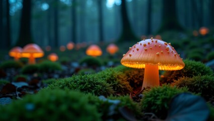 Glowing Mushrooms In A Dark Forest