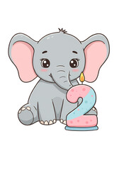 Fototapeta premium Cute Cartoon Elephant with Number Two Candle on Transparent Background