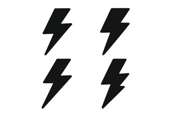 Set of black lightning bolt icons. Vector flat silhouette illustration. Symbol for power, energy, electricity, and speed. Simple graphic flash sign for logo design element.